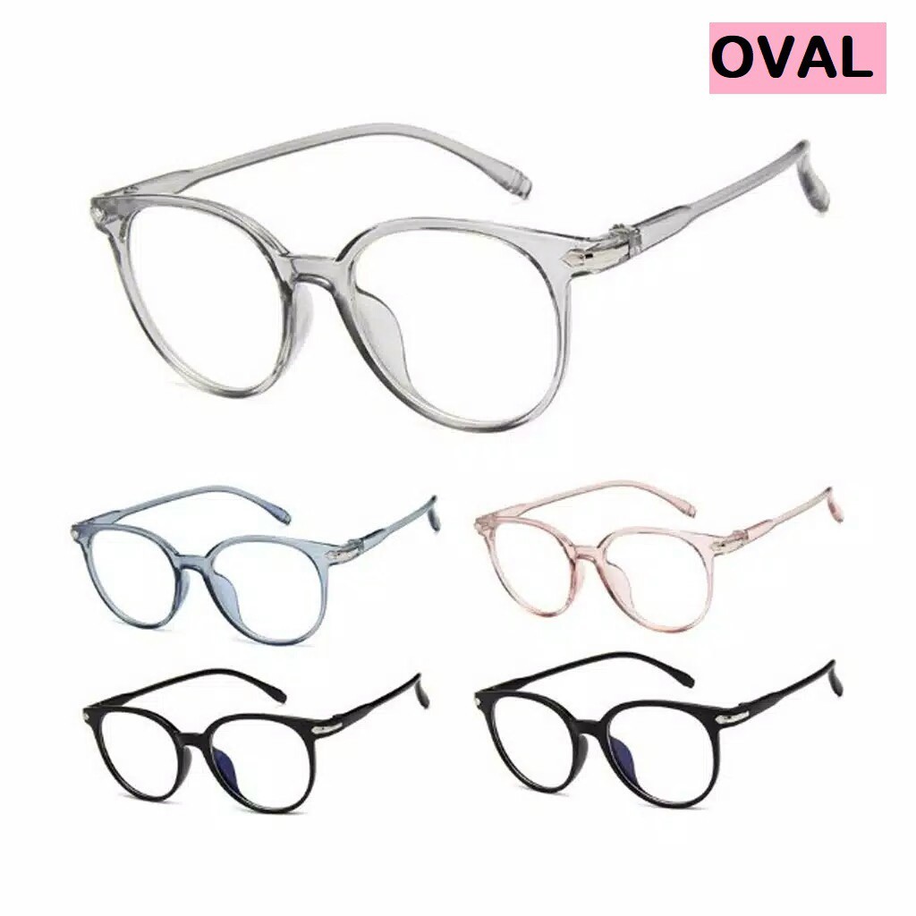 Kacamata Bening Transparan Wanita Frame Oval Warna Pink dan Hitam Anti Radiasi Nyaman Dipakai