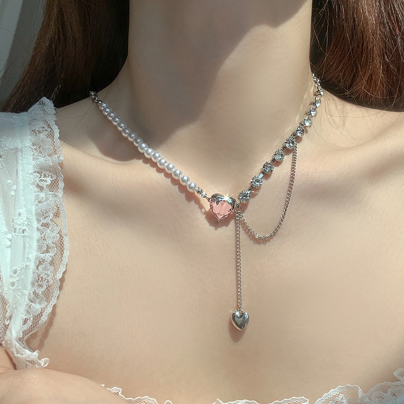 Love Pink Crystal Pendant Necklace Accessories Pearl Stitching Clavicle Chain Harajuku Korean Version