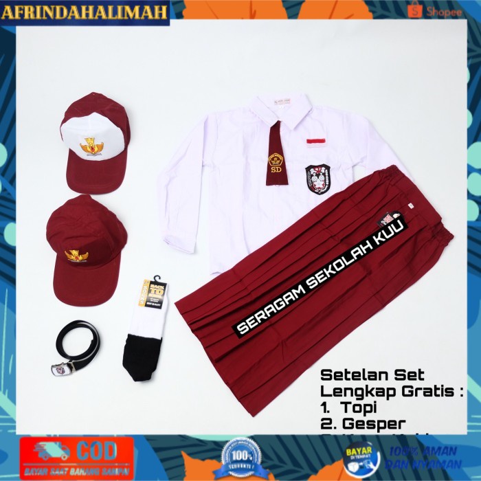 

TERBARU, TERMURAH- Setelan Super Lengkap Seragam Sekolah SD Panjang Cewek Perempuan - Topi Merah, KELAS 1