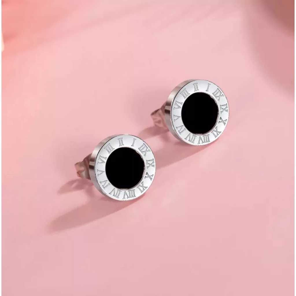 Anting Titanium Stud B<lgr Angka Romawi Untuk Wanita dan Pria Warna Rose Gold, Gold dan Silver-Silver