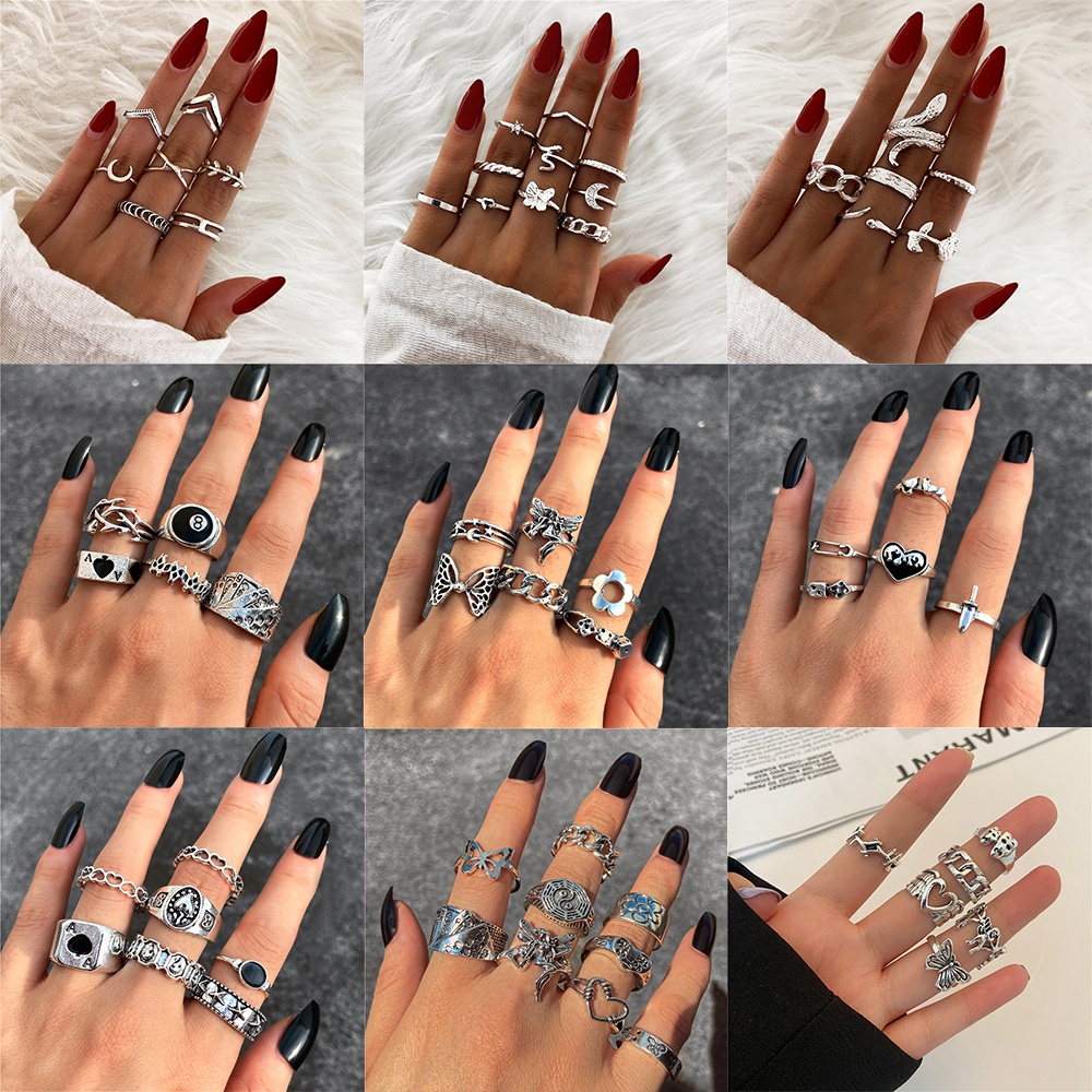 YEEZII Set Cincin Desain Ular / Laba-Laba / Hati Warna Emas / Silver Gaya Punk Untuk Hadiah