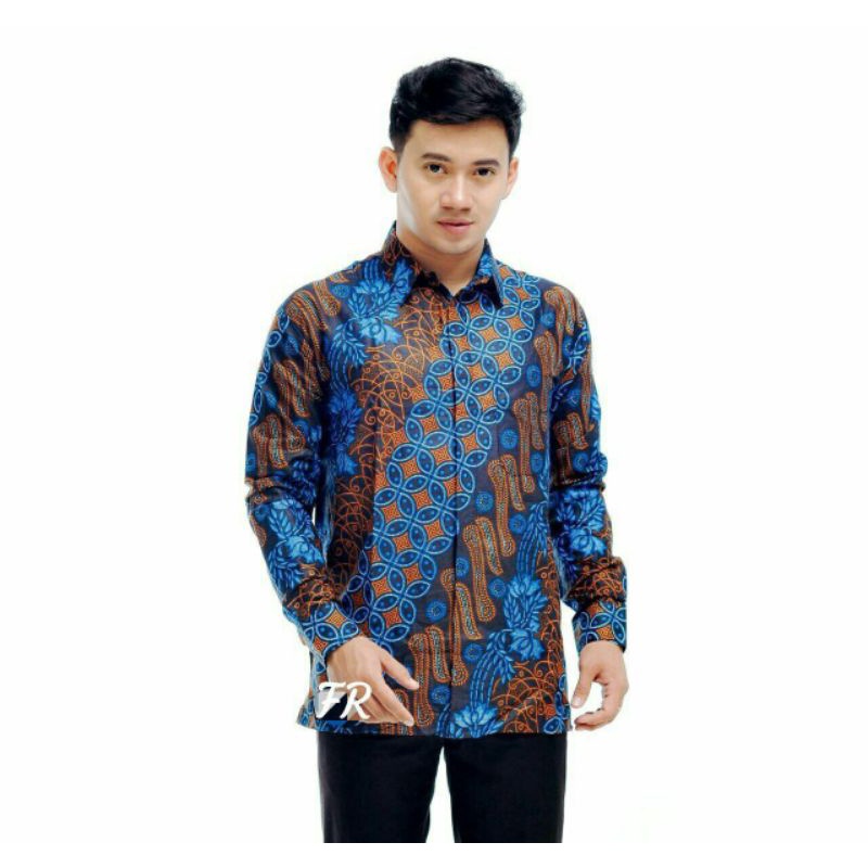 Kemeja Batik Pria Lengan Panjang Motif Seno Biru Pekalongan