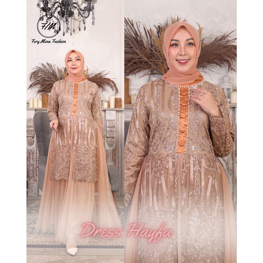 Gamis tulle hayfa//dres modern//dresss terbaru//gamis tulle pesta//fashion wanita