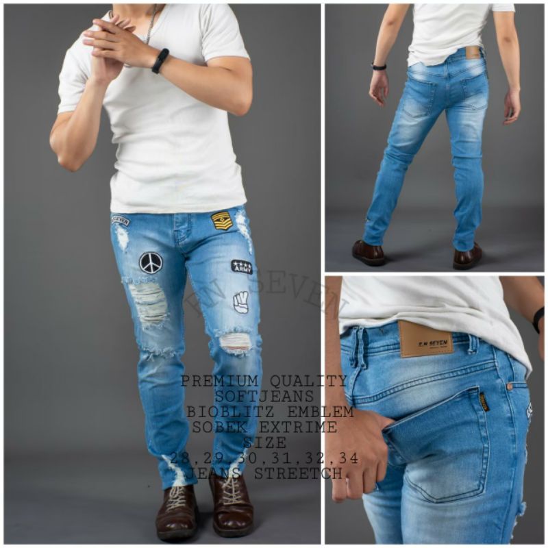Celana Panjang Shoft Jeans Sobek Exstrem Emblem RN.SEVEN