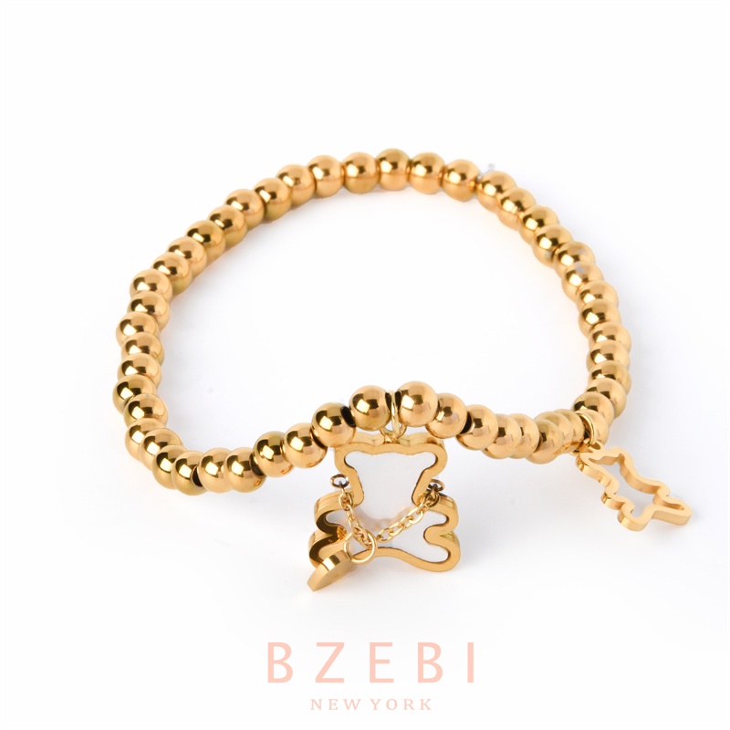 Bzebi Gelang Tangan Titanium Steel Lapis Emas 18k Aksen Manik-Manik + Liontin Beruang Untuk Wanita 971b