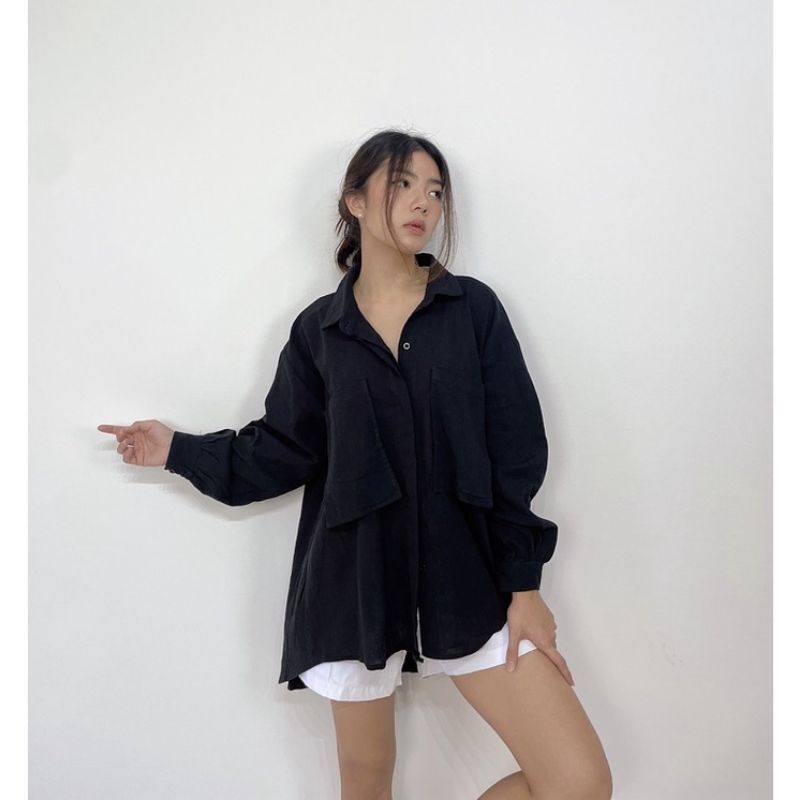 NIKI SHIRT KEMEJA LINEN SHIRT OVERSIZE - KEMEJA LINEN CRINGKLE WANITA PREMIUM