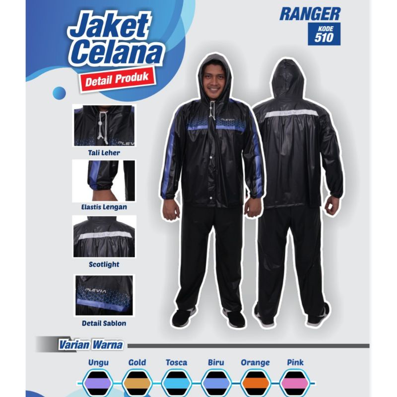 Jas Hujan Jaket Setelan Mantel Hujan Raincoat PLEVIA RANGER 510 Hitam Trendy