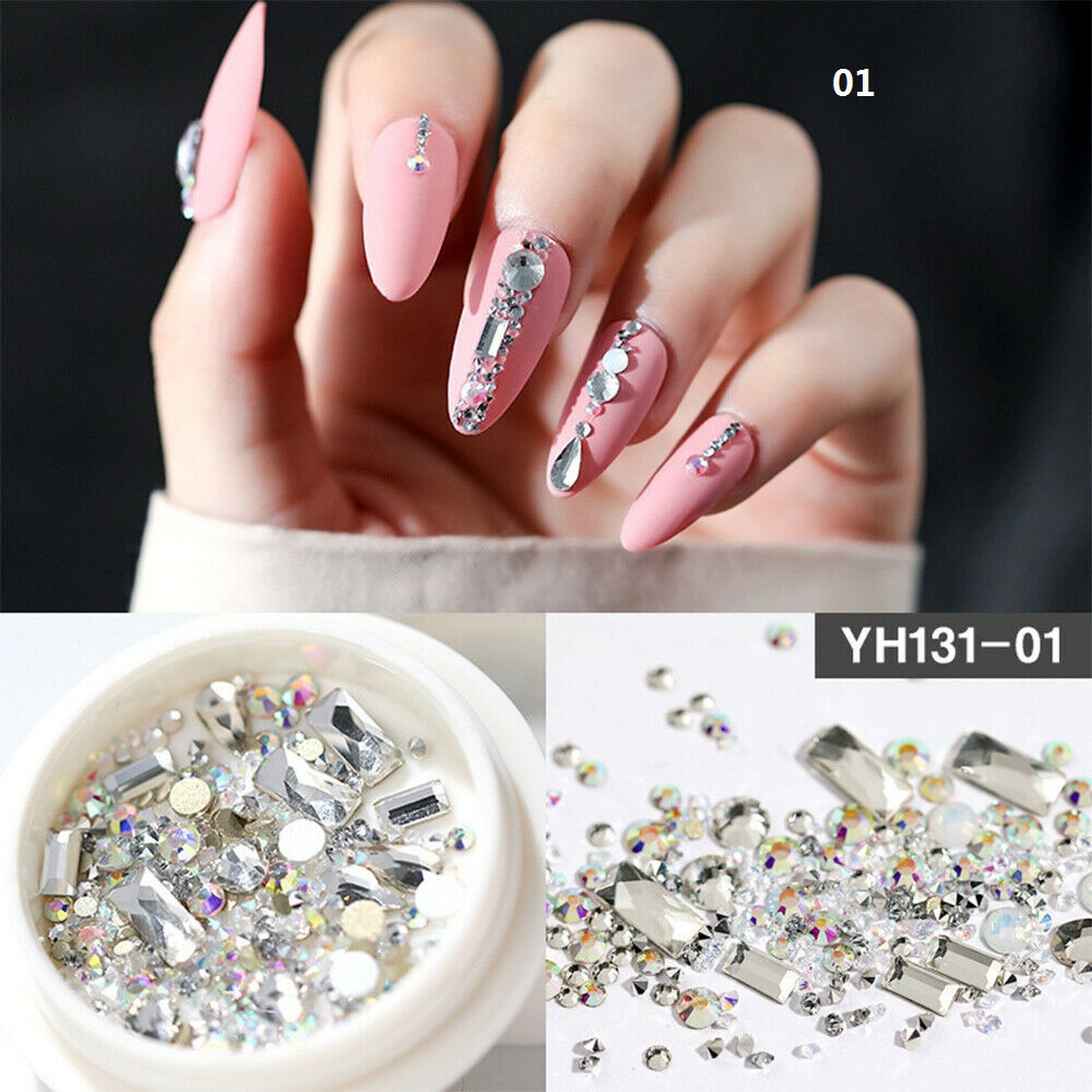 【COD Tangding】1 Box 3D Glitter Rhinestones AB Flat Back Stones Nail Art Decor Gems Mixed Size