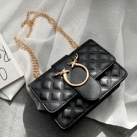 TAS SELEMPANG WANITA KULIT HITAM PESTA DEERA TA087B5 RUSA SLING BAG RANTAI GOLD FASHION KOREA BATAM 