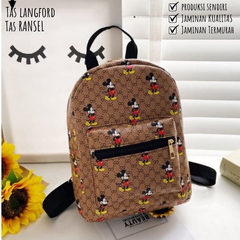 Tas Ransel Mini Punggung Backpack Print Karakter Mickey Mouse Bahu Kecil Anak Sekolah Remaja Sekolah Travelling Model Korea Terbaru Kekinian Perempuan Wanita Cewek 001