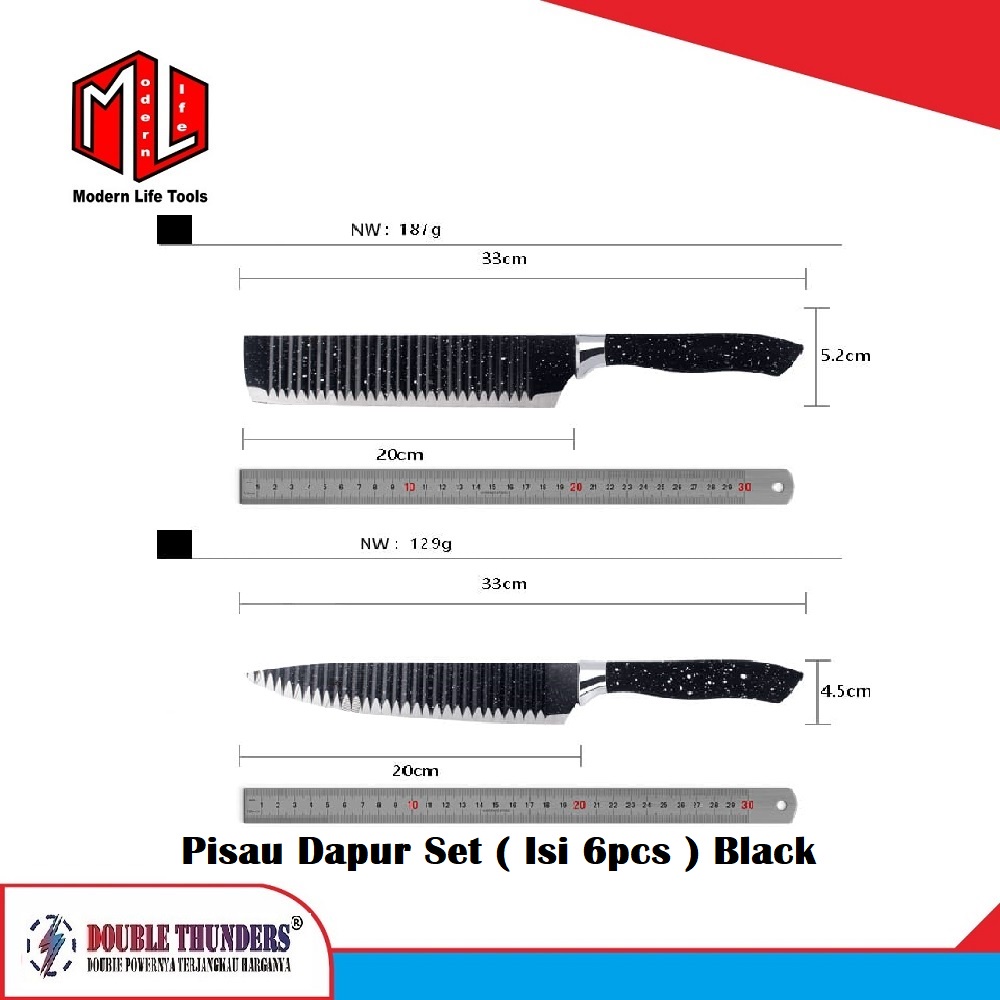 Pisau Set Dapur Hitam Tebal Tajam Isi 6pc DT-HM03