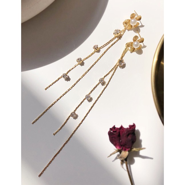 LRC Anting Tusuk Fashion Silver Flower Tassel Pearl Earrings F6213XX
