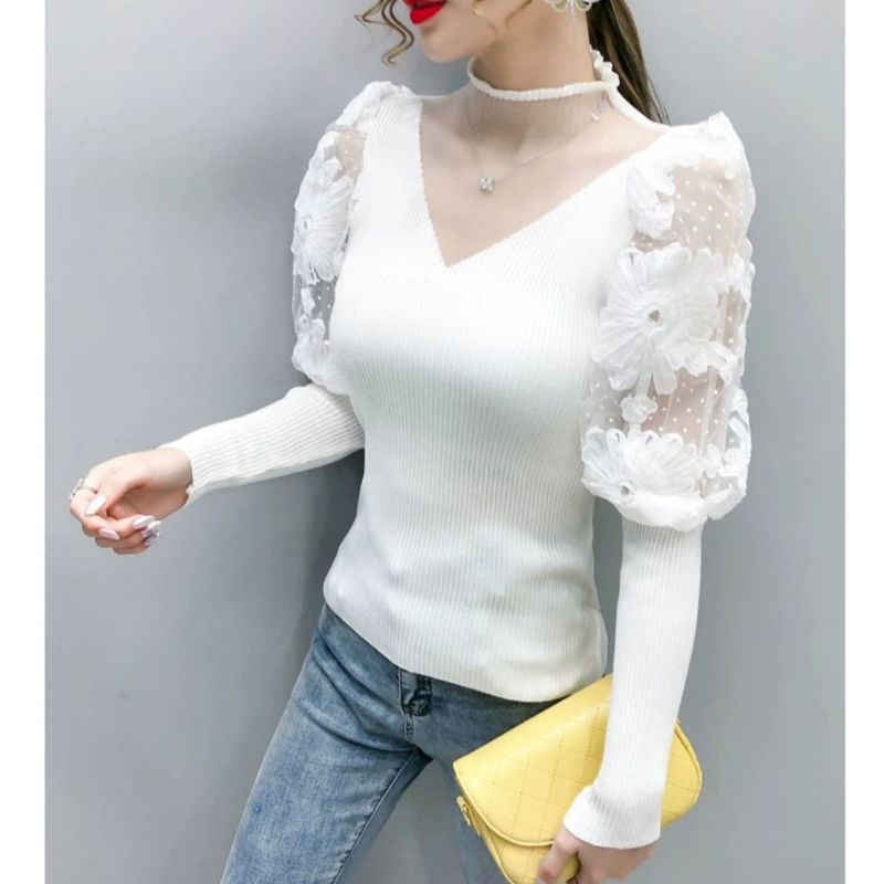 68015 Atasan Blouse balon rajut import wanita Baju Casual Balon bunga import Cewek kekinian Putih