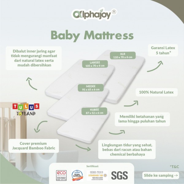 Alphajoy Baby Mattress 100% Natural Latex ukuran Medee 95 x 65 / Largee 105 x 70 / XLR 110 x 70 kasur lateks bayi anti tungau cover Bamboo anti alergi