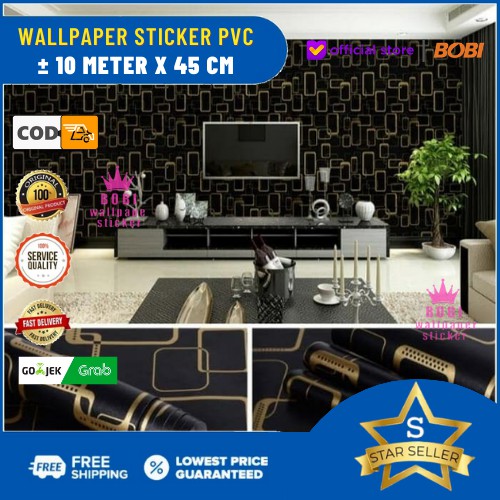 Wallpaper Dinding Motif Persegi Black Gold 5080-1 / BOBI Wallpaper PVC ± 10 meter x 45 cm