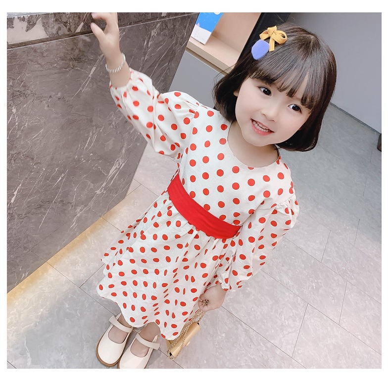 Meonky Official Shop Big Ramadhan Sale Baju Anak Perempuan Lengan Panjang Dress Pita Motif Polkadotte Made In Import ,100% Bahan Katun Yang Kualitas Premium Cocok Untuk Anak Usia 3 tahun Sampai 4 Tahun (G - 5)-MERAH
