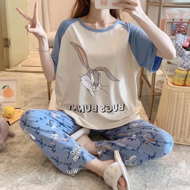 Baju Tidur Import CP Bunny Biru / Piyama  Lengan Pendek Celana Panjang Kode 061