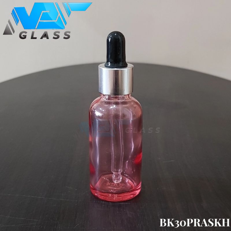 botol kaca pipet 30ml pink clear - ring almunium silver