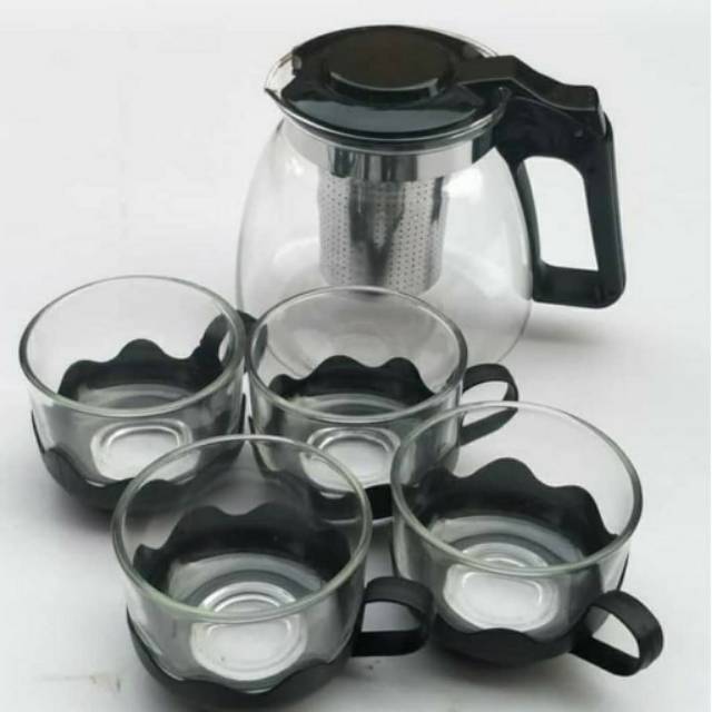 TEAPOT SUN GLASSES HITAM SARING / TEKO KACA WADAH KOPI TEH PLUS SARINGAN