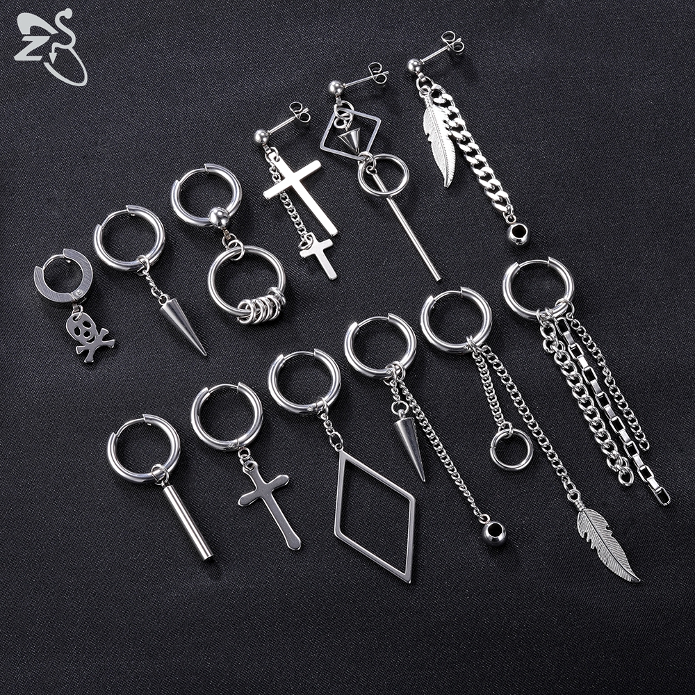 12 Pcs / Set Anting Stud Rumbai Panjang Bentuk Lingkaran Geometris Bahan Stainless Steel Gaya Korea