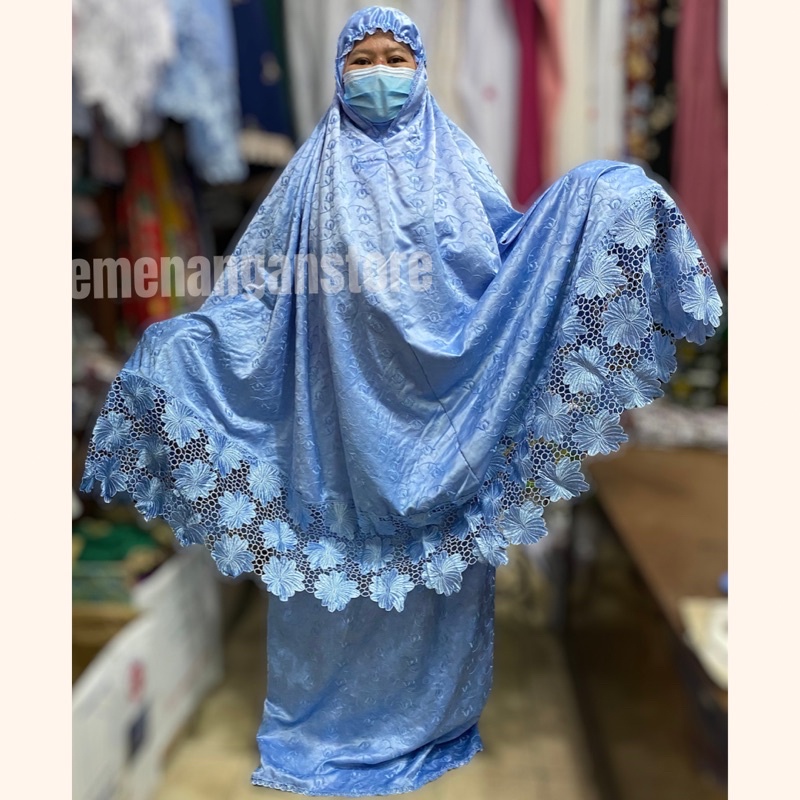 Mukena Dewasa Ainun Sutra Jepang Premium Renda Bunga Matahari / Telekung Sutra Jepang Renda Bawah Ec