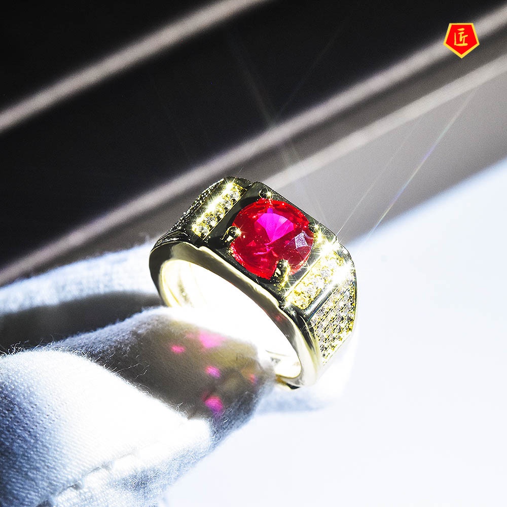 [Ready Stock]Domineering Men's Ring Inlaid Ruby 18K Gold