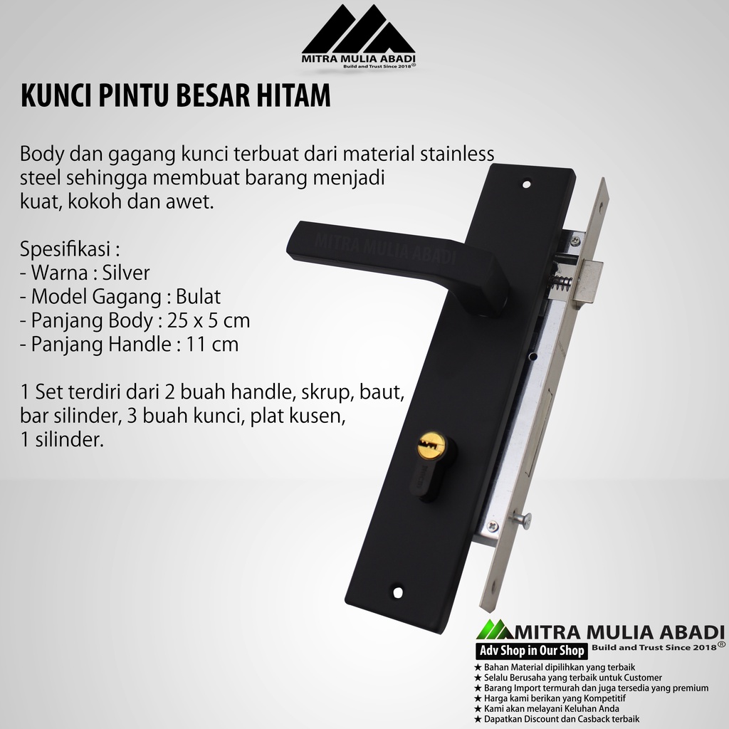 Kunci Pintu Handle Besar Hitam | Door Lock Handle | Fullset