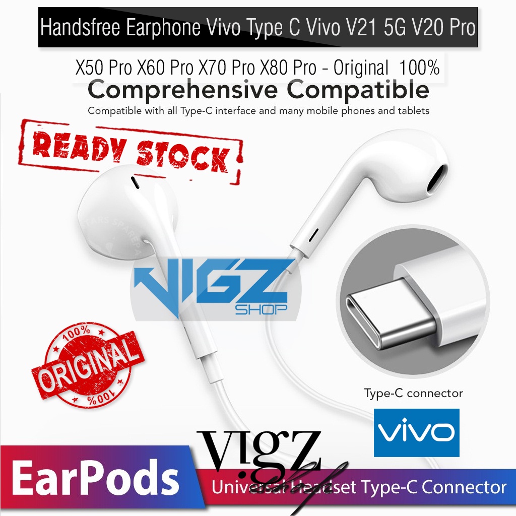 Handsfree Earphone Vivo Type C Vivo V21 5G V23 5G V23e V25 V25e V25 Pro Y100 5G V27e V27 V27 Pro V29 V29e V30 V30 Pro T1 Pro V20 Pro X50 Pro X60 Pro X70 Pro X80 Pro X90 X90 Pro Original 100%