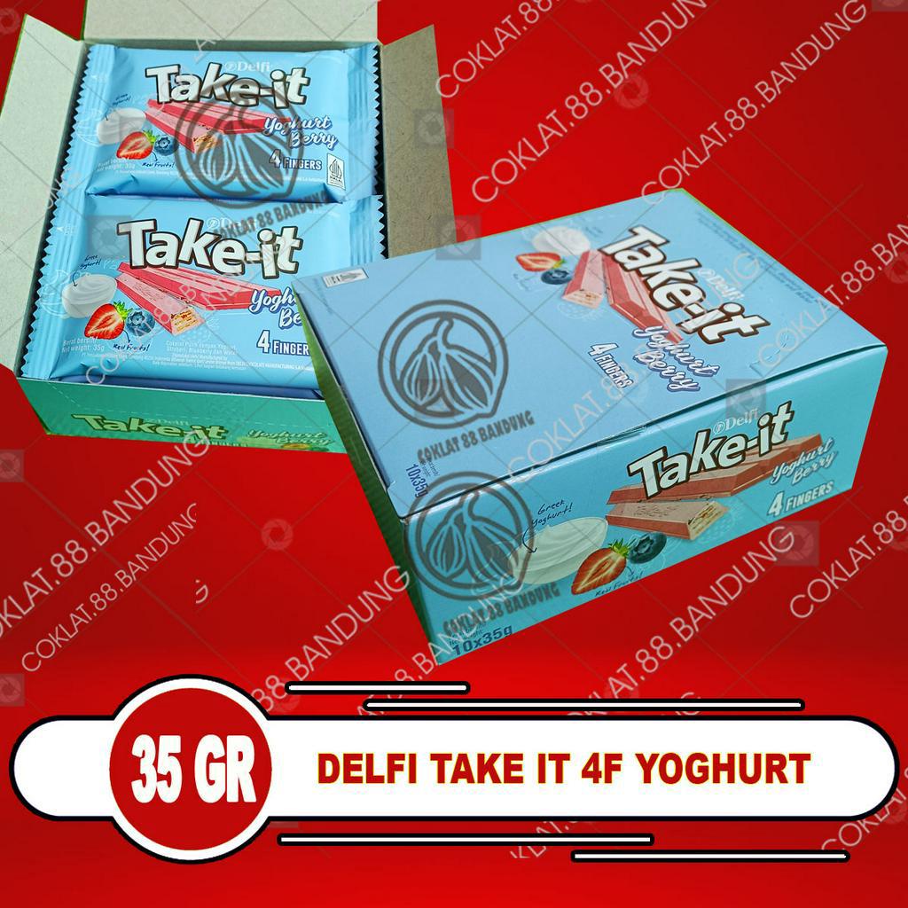 

DELFI TAKE IT 35GR BOX 10 PCS YOGURT, DELFI TAKE IT 4 FINGERS YOGHURT, COKLAT DELFI TAKE IT STRAWBERRY 35 GRAM ISI 10PCS