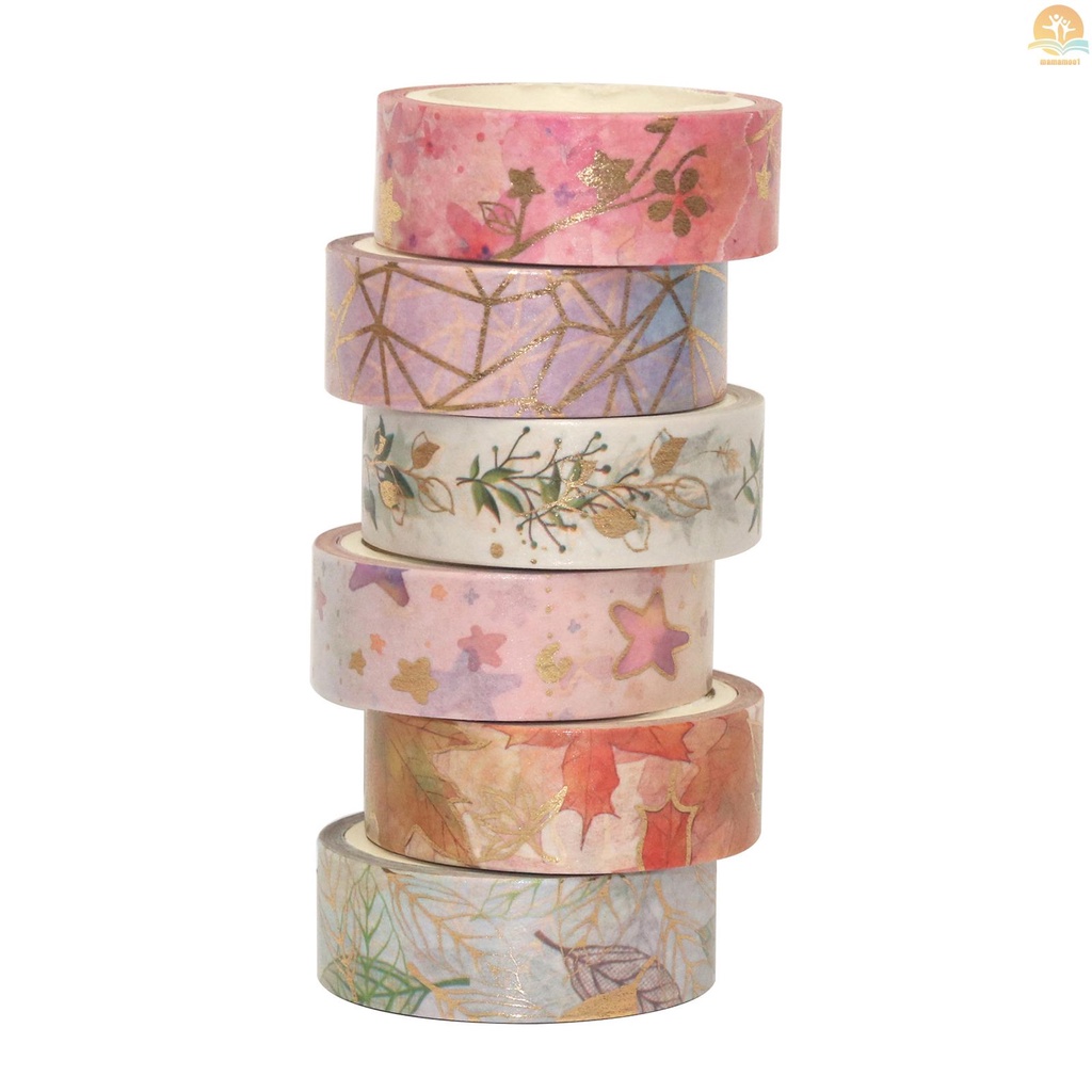 6 Rolls Washi Tape Set Floral Gold Foil Washi ing Tape 15mm Wide Plant Leaves Flower Decorative Adhesive Tape Sticker for DIY Arts &amp; Crafts Journals Planners Scrapbooking Card Gift Wrapping