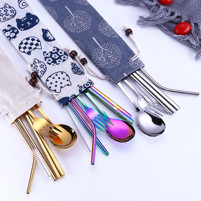 Cutlery Set Peralatan Makan Sendok Garpu Bag Kain Biru 6PCS