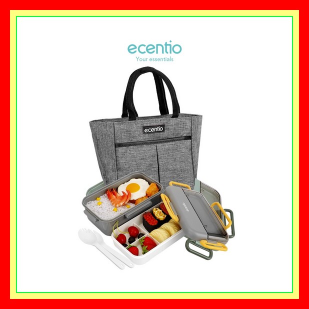 Kotak Makan 4 Sekat / Lunch Box Stainless Tahan Panas Dan Anti Tumpah Ecentio 1.1L  Kotak Bekal  Dou