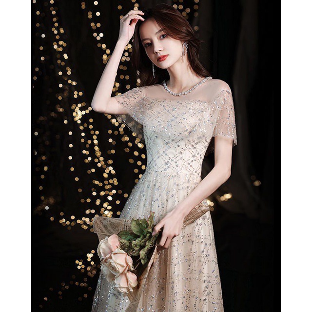 Realpic G726 XS-3XL Bisa Custom Gaun mewah impor gaun pesta gaun maxi gaun champagne silver long dre