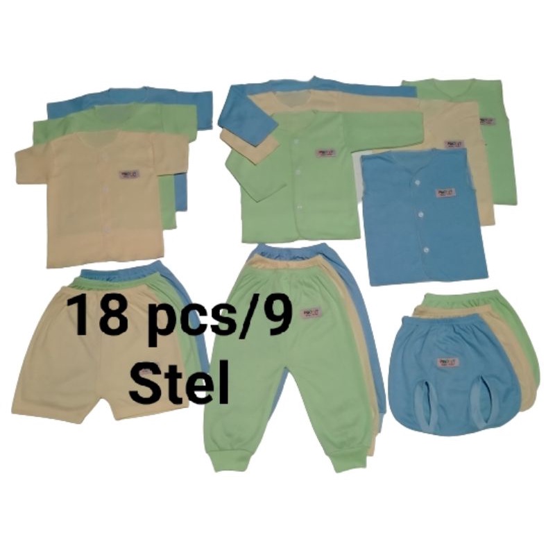 Paket Lengkap 18 Pcs/9 Stel Baju Bayi Newborn 0-3 Bulan/Celana Warna Panjang Pendek Kacamata Polos Motif Bordir Termurah