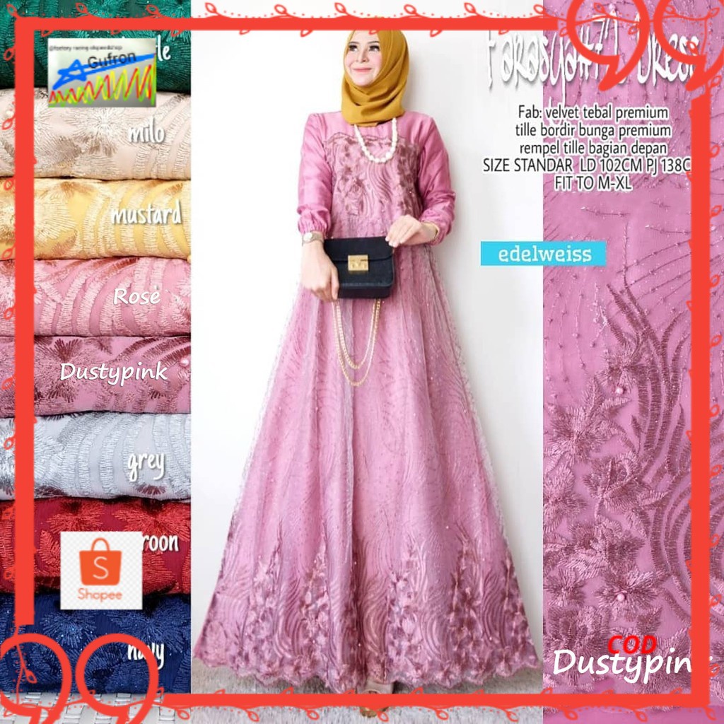 Aldine Baju Gamis Brukat Tile Remaja Dewasa Seragam Pesta Wanita Muslim Selma Dress Gamis Brokat - A