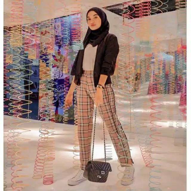 Celanan Tartan  Buggy Kotak Celana  Panjang Wanita  Motif 