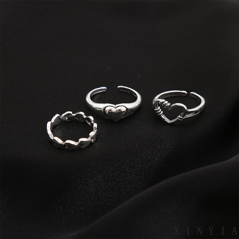 Xia.id 3PCS / Set Cincin Model Terbuka Bahan Metal Desain Hati Gaya Retro / Simple Kreatif Untuk Wanita