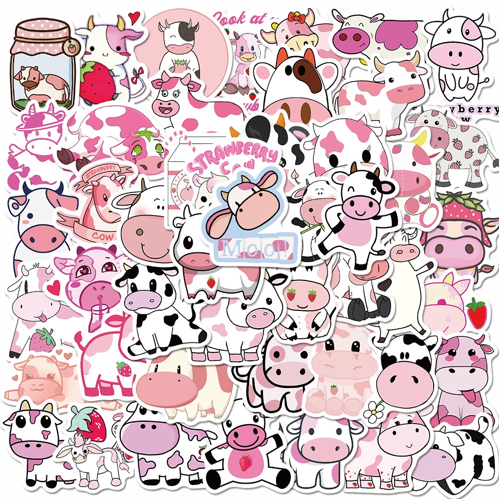 50pcs Stiker Kartun Sapi Pink Lucu Anti Air Untuk Dekorasi Laptop / Gelas Air / Gitar