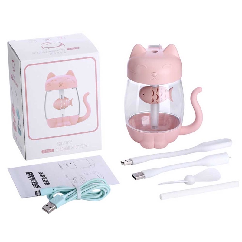 3 in 1 Air Humidifier Aromatherapy Oil Diffuser Cat Kitty 350ml with Fan + LED Lamp - Pink