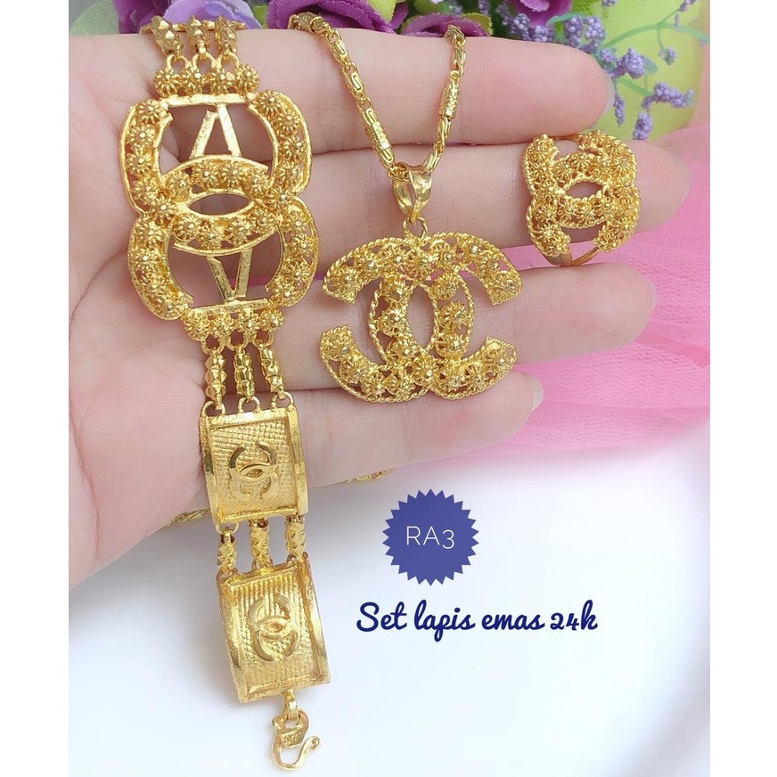 (SEP) TERMURAH Set Perhiasan Lapis Emas 24 Karat Cincin Gelang Kalung Chanel Super Mewah Xuping Akse
