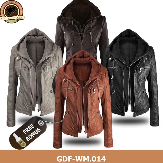 Jaket Hoodie Wanita Kulit Sintetis (Wm-014) - S, Hitam Terlaris