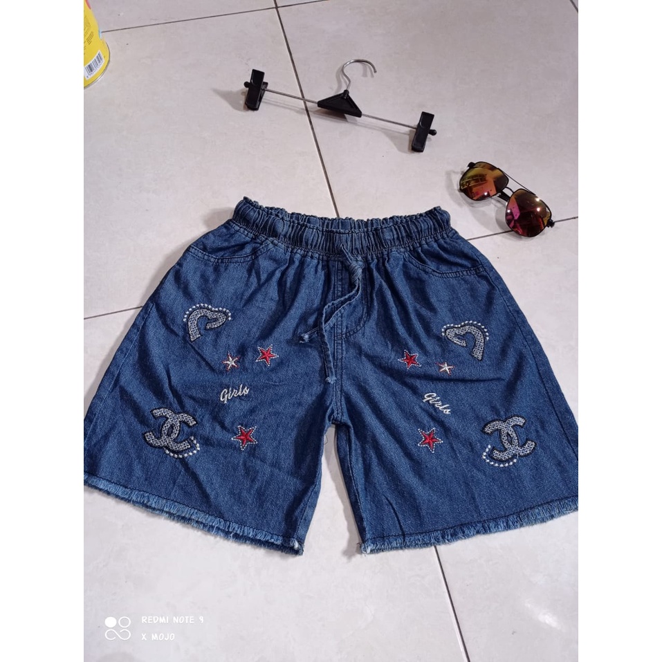 HOT PANTS JEANS RAWIS BORDIR LOVE PINGGANG KARET - NAYA - SUN - HOTPANTS JEANS WANITA DEWASA