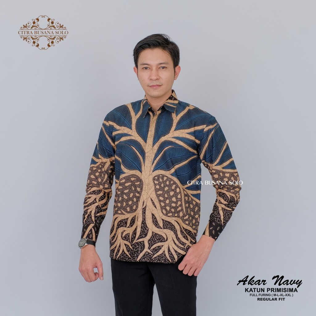 AKAR NAVY Kemeja Batik Pria Full Furing Bahan Katun Halus Primisima