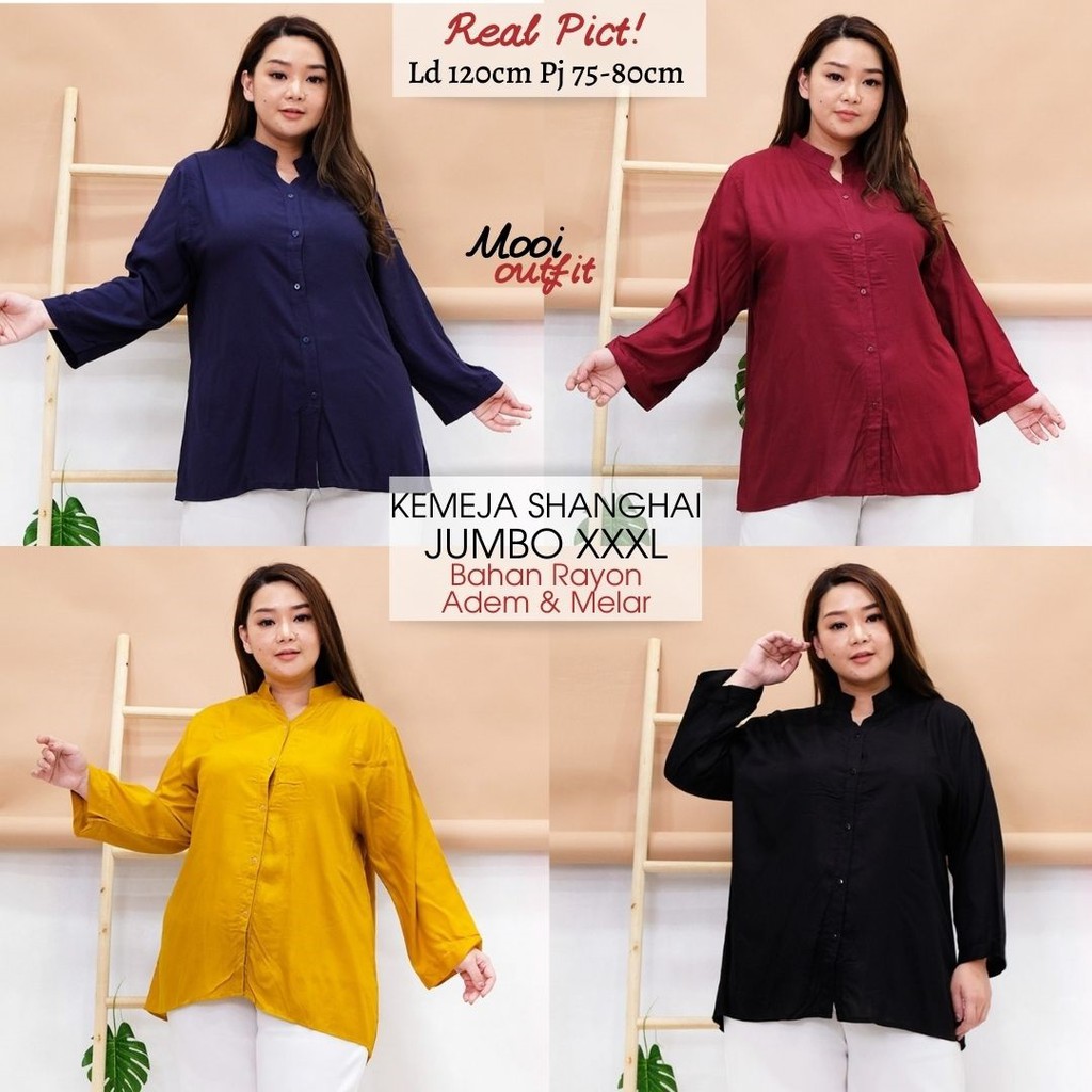 Kemeja Wanita Jumbo Ld 120 Kekinian Bahan Katun Rayon Polos Lengan Panjang Casual Murah