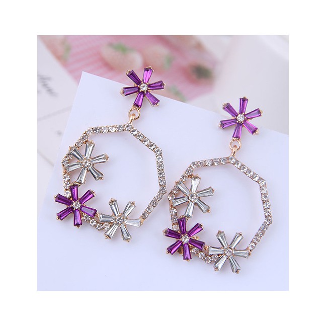 LRC Anting Tusuk Fashion Metal Flash Diamond Ring Flower Earrings A59285