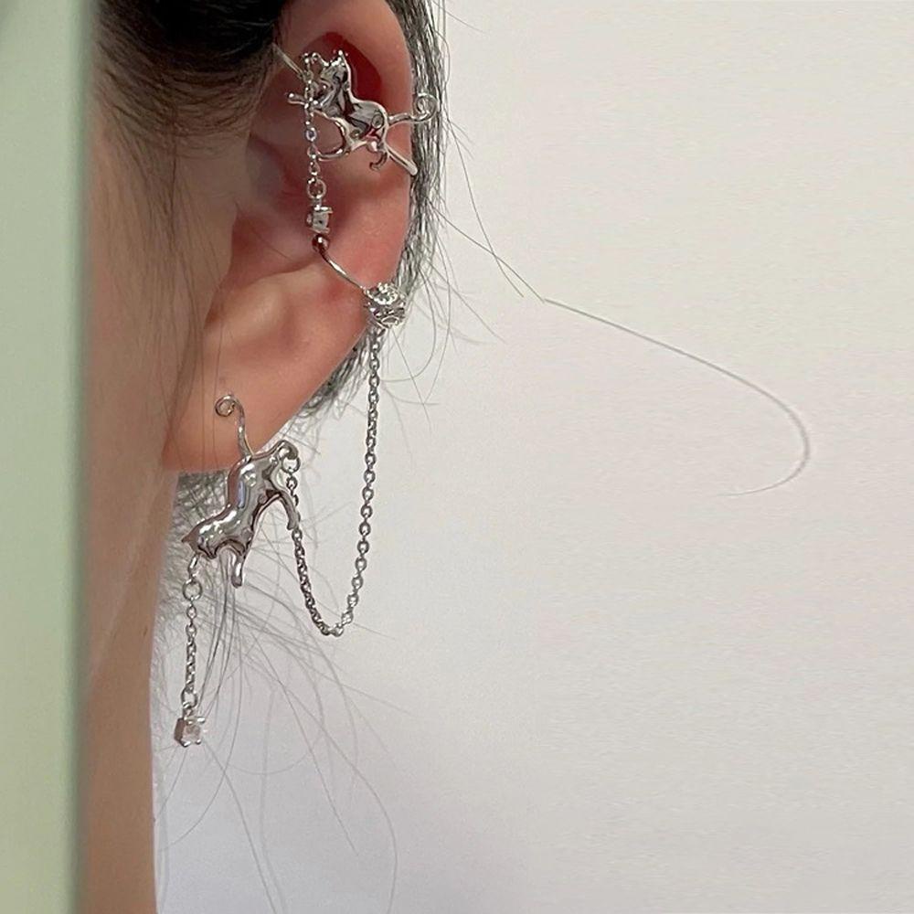 Mxbeauty Wanita Anting Minoritas Warna Solid Y2K Pesta Dengan Rantai Temperamen Alloy Klip Tulang Telinga