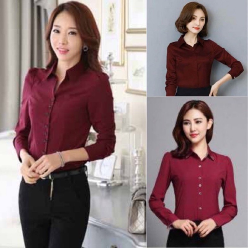 Baju Kemeja formal kerja kantor pesta wanita Lengan panjang MERAH Maroon MARON KATUN POLOS fashion K
