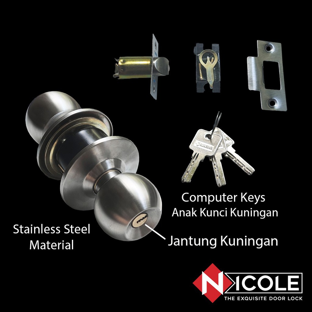 Kunci Toilet / Kunci Kamar Mandi Bulat Komputer / Door Knob SS