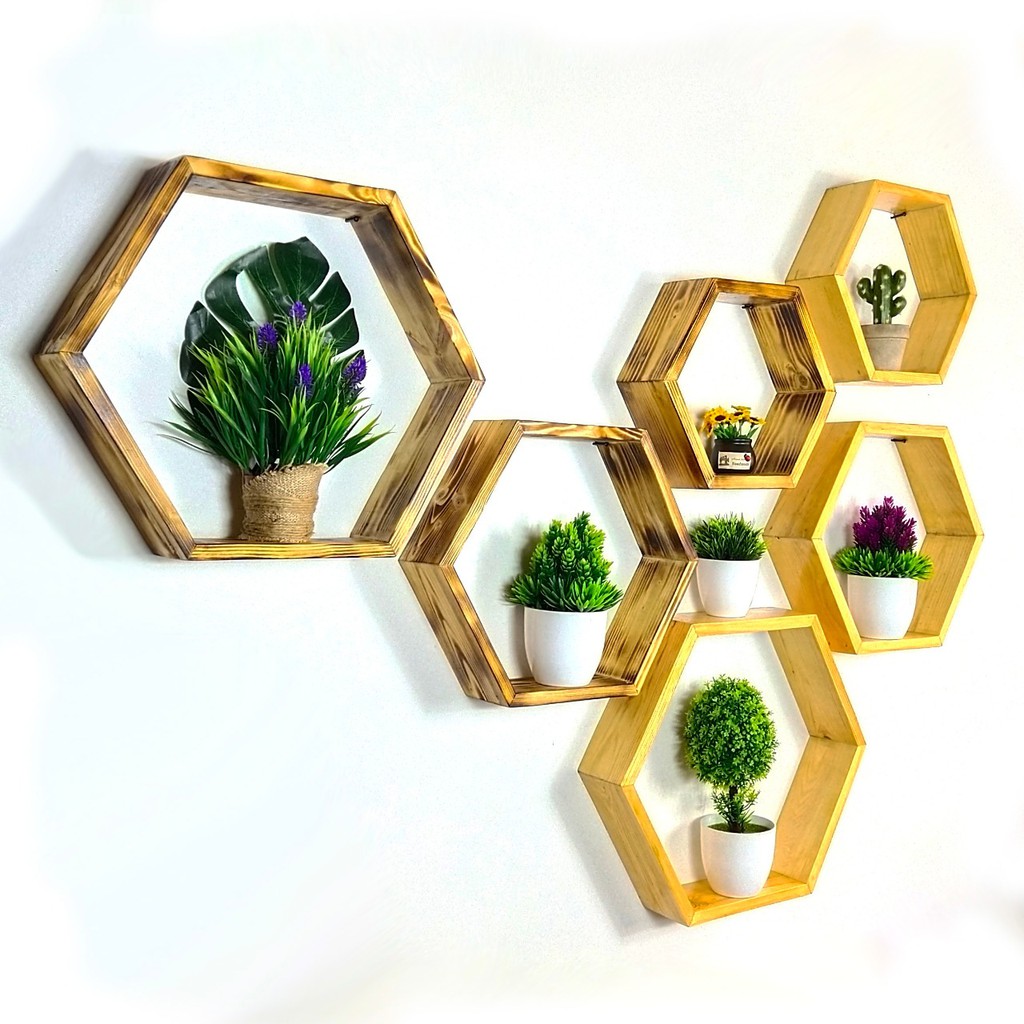 Hiasan Dinding Hexagonal Kayu Jati Belanda Rak Dinding Gantung Hexagonal Serbaguna