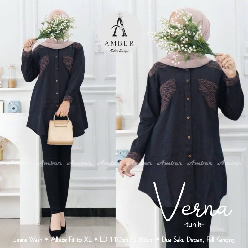 Verna Tunik • Jeans Wash • Ld 110 Pj 82 • allsze fit to XL• dua saku depan • full kancing